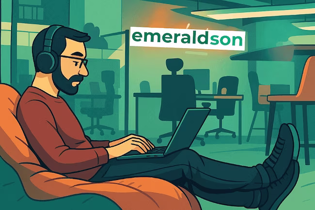 A man sits in an office working on laptop with an emeraldson logo in the background